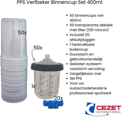 Verfbeker PPS Binnencup Set 400ml – 125 Micron – transparant– 50 Cups + Deksel + Plugs + Buitencup – Vergelijkbaar met 3M – Autoschadeherstel – Duurzaam