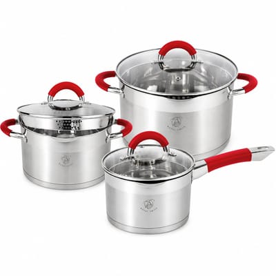 Royal Swiss® 6-delige Sauspan Set – RVS Steelpan met Schenktuit – Ideaal voor Melk & Sauzen – Inductie & Gas – PFAS Vrij – Glazen Deksel