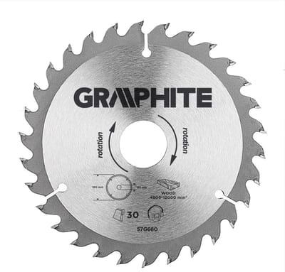 Graphite 57H660 Cirkelzaagblad voor Hout 160mm, Asgat 30mm, Tanden 30, Dikte 2,8, Vulringen 16/20/25, TCT
