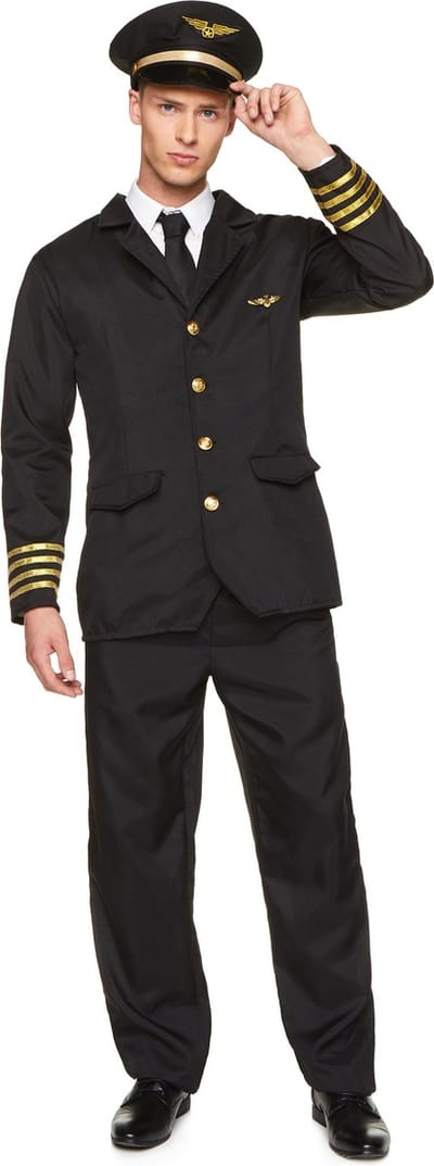 Karnival Costumes Piloot Kostuum Piloten Kostuum Heren Carnavalskleding Heren Carnaval - Polyester - Zwart - Maat S - 3-Delig Hoed/Jas met Ingenaaide Stropdas/Broek