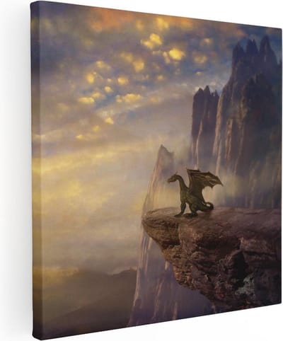 Artaza Canvas Schilderij Fantasie Dier - 30x30 cm - Klein - Wanddecoratie Bergen - Muurdecoratie Zonsondergang - Kamer Accessoires Klif