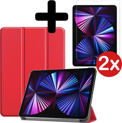 Hoesje - Geschikt voor Apple iPad Pro (2021) - 11 inch - 3e generatie - Met Screenprotector - Hardcover Book Case - Trifold Bookcase Hoes - Hard Cover - Tablethoes - Rood