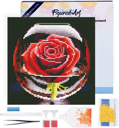 Figured'Art Mini Diamond Painting set Volwassenen 25x25 cm met lijst Rode Roos in het Glas - 5D DIY Art full drill ronde diamant - Canvas al ingelijst