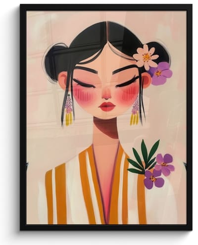 Poster in lijst - Fotolijst 60x80 cm - Posters - Vrouw - Bloemen - Pastel - Posterlijst zwart - Decoratie - Wanddecoratie woonkamer - Muurdecoratie slaapkamer