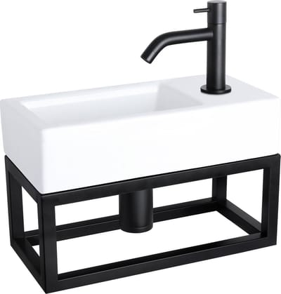 Differnz Ravo fonteinset - 38.5x18.5x25cm - Rechthoek - 1 kraangat - Gebogen matte zwarte kraan - met zwart frame - Keramiek Wit
