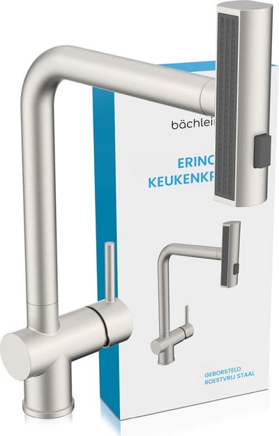 Bächlein keukenkraan Erino (geborsteld RVS) - Draaibare ééngreeps spoelbakmengkraan met 3 straalsoorten - keukenkraan met uittrekbare en draaibare straal en watervalfunctie