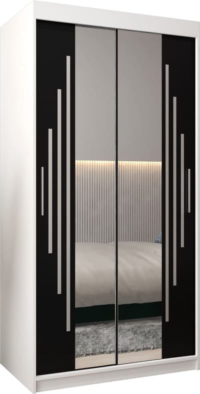 InspireMe - Kledingkast met 2 schuifdeuren, Modern-stijl, Een kledingkast met planken en een spiegel (BxHxD): 100x200x62 - MALTESE I 100 Wit Mat + Zwart