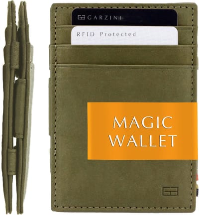 Garzini Portemonnee Heren, Leren Pasjeshouder RFID, Kaarthouder voor 10 Pasjes, Compacte Magic Wallet, Echt leer Portefeuille, Groen