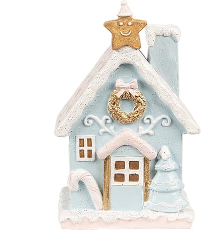 Clayre & Eef Gingerbread house met LED 9x8x15 cm Blauw Polyresin