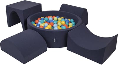 KiddyMoon schuimspeelplaats met rond ballenbad (200 ballen) ballenbakken voor baby's speelbad hindernisbanen, made in the eu, donkerblauw:lichtgroen/oranje/turquoise/blauw/geel