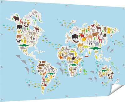 Gards Tuinposter Wereldkaart met Dieren - 180x120 cm - Tuindoek - Tuindecoratie - Wanddecoratie buiten - Tuinschilderij