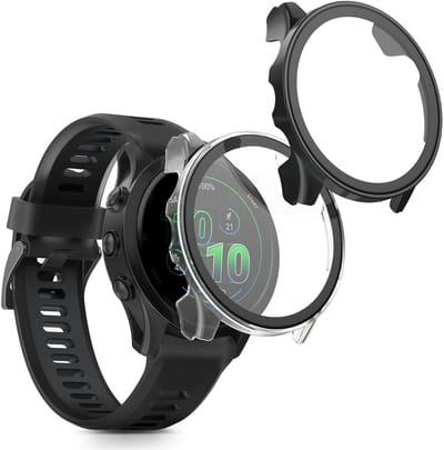 kwmobile 2x cover geschikt voor Garmin Forerunner 570 42mm - Fitnesstracker cover van gehard glas en kunststof frame set transparant / zwart