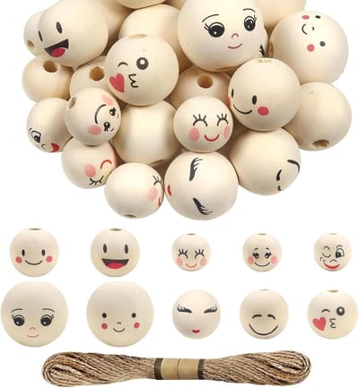 30 Stuks Houten Kralen met Gezichtsdesign 20mm 25mm 30mm - Natuurlijke Creatieve Ronde Kralen voor DIY Sieraden, Armbanden en Kettingen