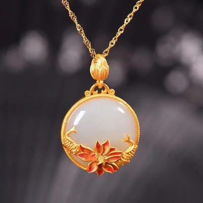 Visvormige Lotusbloem Natuurlijke Hetian Jade Hanger Chinese Stijl Oud Goud Ambacht Ronde Ketting Sieraden Voor Vrouwen 45cm gray