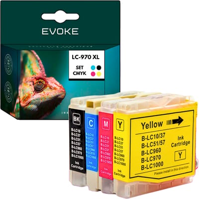Evoke Compatibele Inkt voor Brother Lc-970 Lc970 4X Cmyk: Zwart, Cyaan, Magenta, Geel 144 ml 3750 Pagina's Dcp-130C 135C 150C 153C 157C 350C 353C 357C; Mfc-235C 260C 440Cn 465Cn 660Cn 680Cn 845Cw