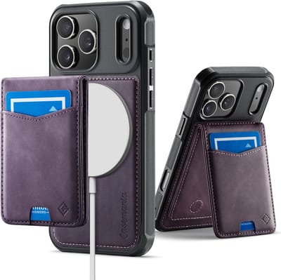 Casemania Hoesje Geschikt voor Apple iPhone 17 Pro - Dark Purple - Geschikt voor MagSafe - Back Cover met Afneembare Magnetische Pasjeshouder met Standaard - Telefoonhoesje en Kaarthouder