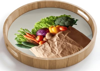 Dienblad rond 40x40 cm - Schootdienblad hout - Papieren - Boodschappen - Groente - Kleurrijk - Borrelplank rechthoek - Plateau houten dienbladen