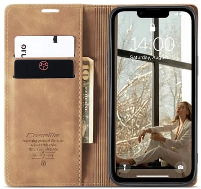CaseMe 013 Hoesje Geschikt voor Apple iPhone 17e / 16e - Book Case met Standaard - Portemonnee Beschermhoes - Pasjeshouder voor Twee Pasjes - Bruin