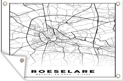 Muurdecoratie Zwart Wit – België – Plattegrond – Stadskaart – Kaart – Roeselare - 180x120 cm - Tuinposter - Tuindoek