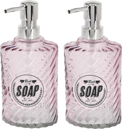 2x stuks zeeppompjes/zeepdispensers roze van glas 300 ml - Badkamer/keuken zeep dispenser