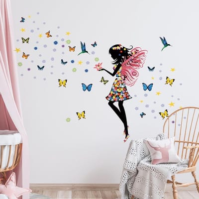 Bloemenfee Vlinder Muurstickers voor Meisjes - Verwijderbare Vinyl Wanddecoratie voor Kinderkamer, Babykamer en Woonkamer