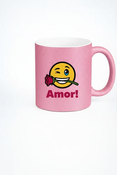 Amor! Roze Glitter Mok met Winkende Emoji en Roos - Romantisch Liefdes Cadeau