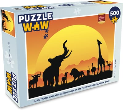 Puzzel Illustratie van Afrikaanse dieren met een ondergaande zon - Legpuzzel - Puzzel 500 stukjes