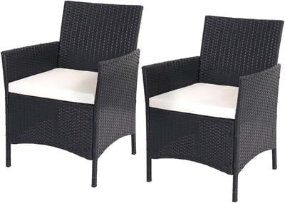 Set van 2 poly rotan tuinstoelen Halden, rieten fauteuil ~ antraciet, crèmekleurige kussens