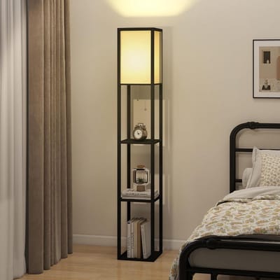 Puluomis- Vloerlamp - Staande lamp - Vloerlampen Woonkamer - Stalamp - Staande lampen woonkamer - Modern - 3-laags opbergrek - 160H x 26L x 26B cm - Zwart