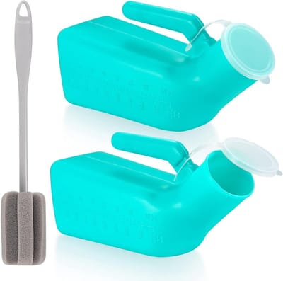 2 stuks urineflessen met 1000 ml capaciteit voor mannen - Draagbare urinaalfles voor mannen - Urineopvangfles met schroefdeksel voor reizen, noodgevallen, bed en camping - Inclusief reinigingsborstel