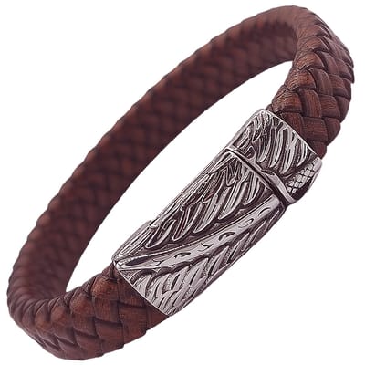 Gevlochten Heren Armband – 100% Echt Leder & Edelstaal – Magneetsluiting Sabel – 22 cm – Bruin  - Rhylane®
