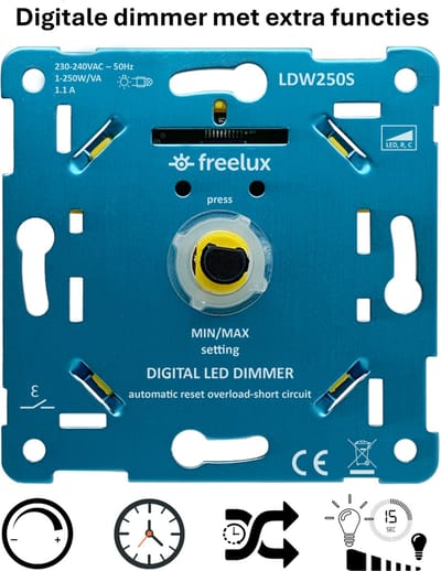 Freelux - Led Dimmer - Tijdschakelaar - 230VAC - 3-250W - Faseafsnij - Inbouw - Inbraakpreventie - Energiebesparend