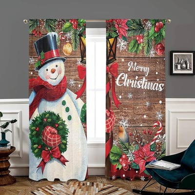 2 stuks, Sneeuwpop Kerst houten achtergrond gordijnen -30% verduisterend - geschikt voor woonkamer, slaapkamer, keuken, huisdecoratie W150CM H166CM&Rod pocket black