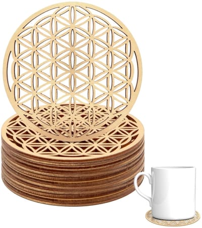 Cosensi - Set van 12 Houten Levensbloemen - Onderzetters voor Meditatie - 10 x 10 cm - Houten Coasters - Decoratie - Geschikt voor Feestjes