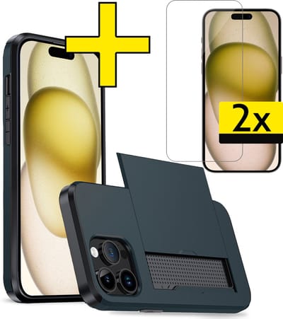 Hoesje Geschikt voor iPhone 15 Pro Hoesje Case Pashouder Hard Cover Met 2x Screenprotector - Hoes Geschikt voor iPhone 15 Pro Hoesje Met Kaarthouder - Donkerblauw