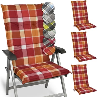 Beautissu Sunny RO – Set van 4 Tuinkussens Hoge Rug 120x50 cm met UV-lichtechtheid Comfortabele Tuinstoel Zitkussen Rood geruit