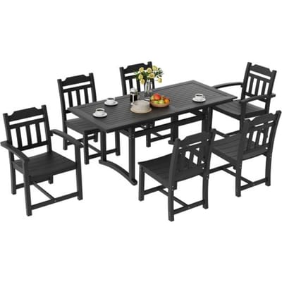 VEVOR 7-delige tuinmeubelset, balkonmeubelset, 1 tafel + 6 stoelen, 150 kg / 150 kg zitgroep, weerbestendig, zonwerend, eetgroep, tuinset, moderne balkonmeubels, zwart