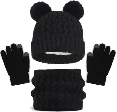 longziming -Kinder Winter Set – Gebreide Muts, Sjaal en Handschoenen met Touchscreen – Warm en Elastisch voor 2-8 Jaar – Zwart