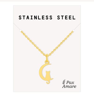 Stainless Steel Maan Katje Ketting Goudkleurig - 45cm + 5cm Verstelbaar Roestvrij Staal - Schattige Cadeau Hanger - Pax Amare