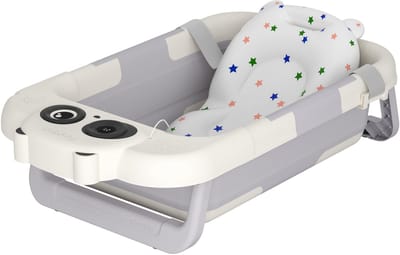 Babybadje Babybadje Badkuip Opvouwbaar Ergonomisch badje Kinderbadje Met badmat Touchscreen LCD-display Voor pasgeborenen, grijs + wit
