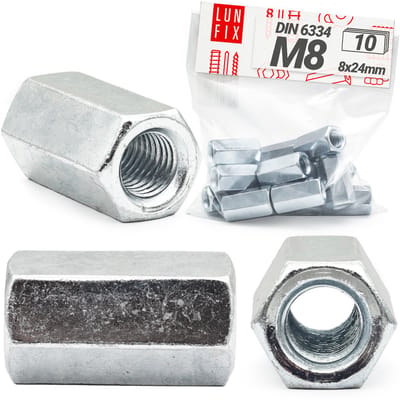 LUN FIX - Draadmoer M8 x 24mm - 10 stuks - DIN 6334 - Verzinkt staal - Afstandsmoer