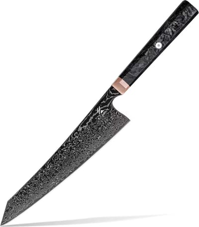 KAAMUT® Kiritsuke Mes 21 cm 67 Lagen Zwart Damascusstaal – Vlijmscherp – Professioneel Koksmes – Handvat van Koper & Carbonvezel