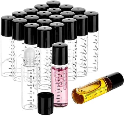 50 stuks 5 ml helder glazen gegradueerde flesjes met zwarte doppen voor etherische olie, cosmetica en monsteropslag