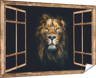 Gards Tuinposter Doorkijk Leeuw - Leeuwenkop - Kleur - 180x120 cm - Tuindoek - Tuindecoratie - Wanddecoratie buiten - Tuinschilderij
