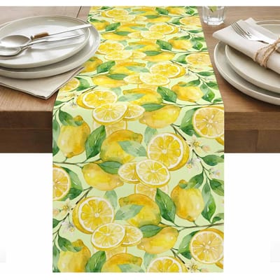 Chemin de table en lin avec feuilles de citron d'été pour fête de vacances Décoration Lavable Chemin de table pour table de cuisine et de salle à manger style ferme Décorations pour la maison 150x33cm