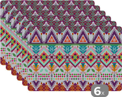 Placemat - Placemats kunststof - Azteken - Zuid-Amerika - Patronen - 45x30 cm - 6 stuks - Hittebestendig - Anti-Slip - Onderlegger - Afneembaar