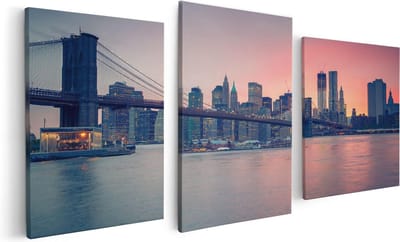Artaza Canvas Schilderij Drieluik New York Brooklyn Brug Bij Zonsondergang - 120x60 - Foto Op Canvas - Canvas Print