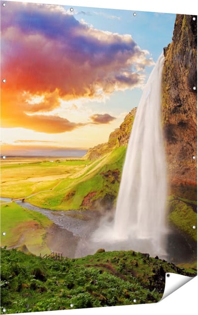 Gards Tuinposter Waterval in IJsland met Zonsondergang - 120x160 cm - Tuindoek - Tuindecoratie - Wanddecoratie buiten - Tuinschilderij
