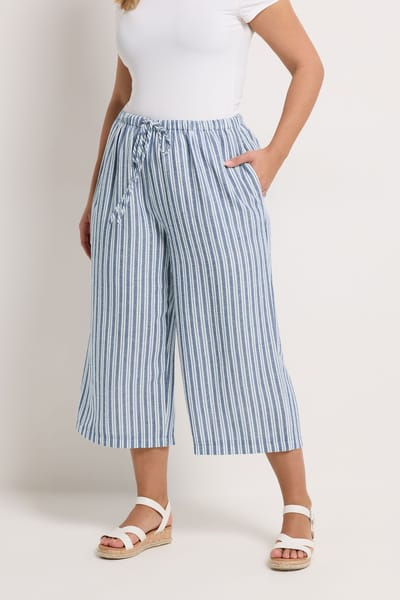 Yours Blauwe Gestreepte Cropped Linnen Broek Size 42
