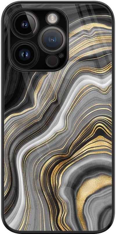 Hoesje geschikt voor iPhone 14 Pro - Marble agate - Luxe Glazen Hardcase - Hippe print - Goud - Leuke Telefoonhoesjes